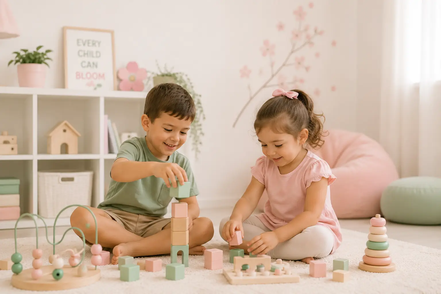 Two young children smiling and playing with building blocks